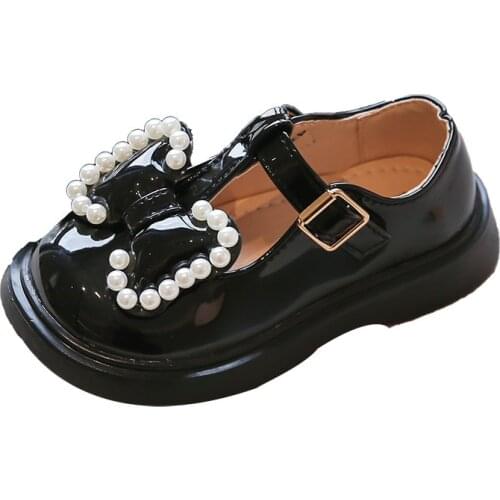 Girls' Leather Shoes 2021 Autumn New Black Soft Sole Performance Shoes Girls Princess Pearl Bow-knot Single Shoes Sweet Cute Hot
