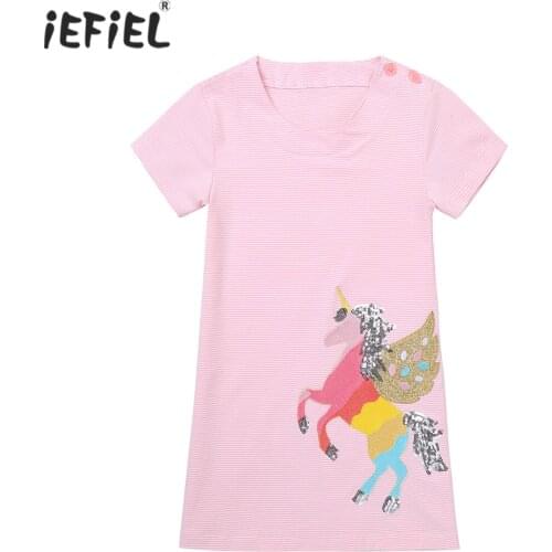 Summer Sequins Kids Dresses For Girls Pink Short Sleeves Cute Cartoon Print Cotton Casual Dress Baby Girl Princess Dress 2T-7T