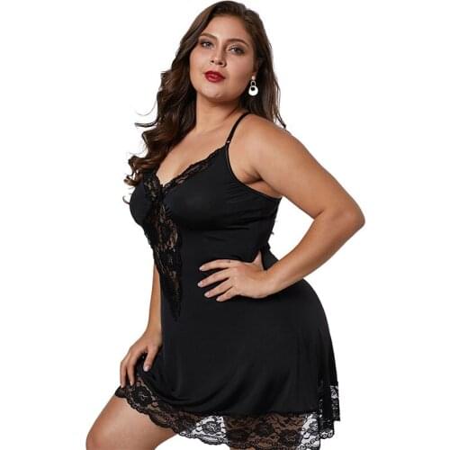 Fashion Sexy Night Dress Plus Size Lace See Through Slip Sleep Dress V Neck Illusion Black Red 5XL Nightgown Sleepwear Women
