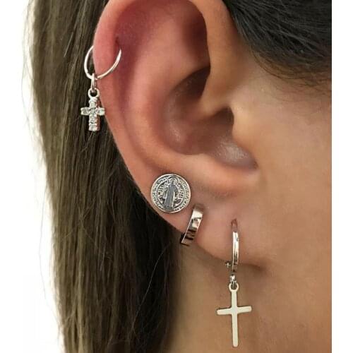 New 4-piece set of cross earrings earrings combination antique silver assorted religious Virgin Mary hoop earrings