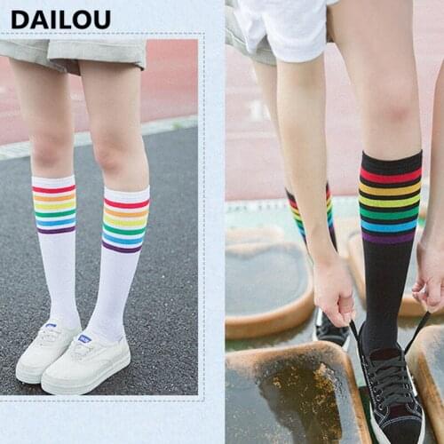 New Girls Knee-Highs For Women Rainbow Thigh High Over Knee Socks Kawaii Solid Color Knitted Winter Warm Slouch Socks Pop Socket
