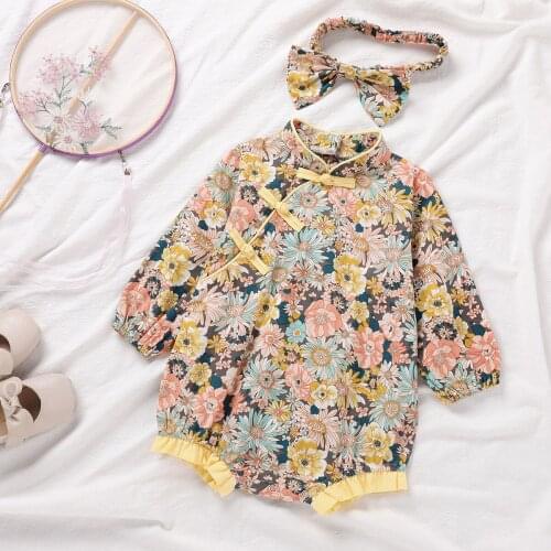 Newborn Baby Girls Cheongsam Clothing Romper Infant Lovely Floral Embroidery Long-sleeved Jumpsuit Autumn Clothes