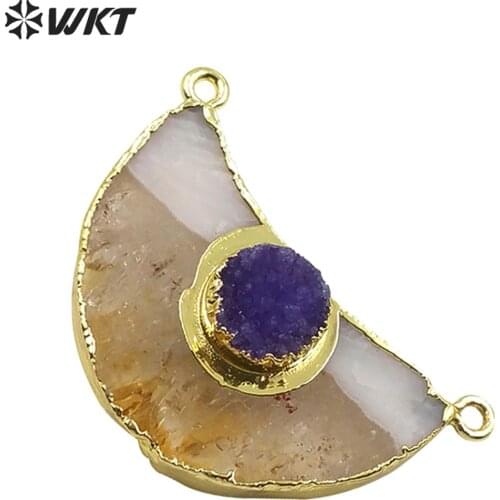 WT-P1512 WKT Multicolor Natural Stone Pendant Yellow Stone Druzy Quartz Charm Gold Electroplated Pendant Double Loops Jewelry