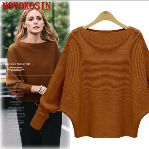 S-6XL 2021 Women Solid Knitted Long Sleeves Loose Sweater Autumn Outstreet Plus Size Knitwear Wide Collar Batwing Pullover