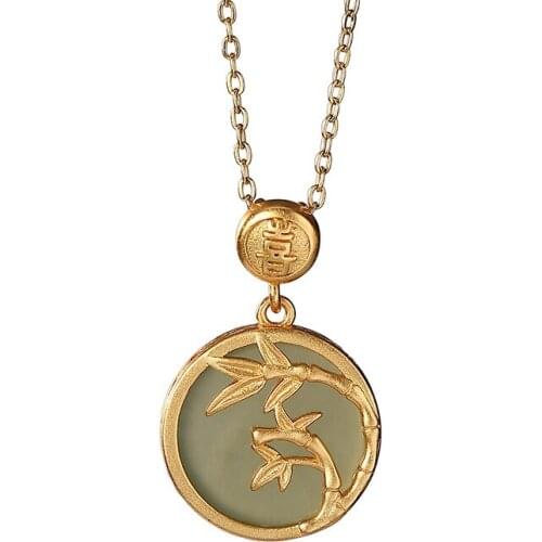 S925 sterling silver gold-plated Hetian gray jade pendant retro Chinese style bamboo leaf peace buckle pendant