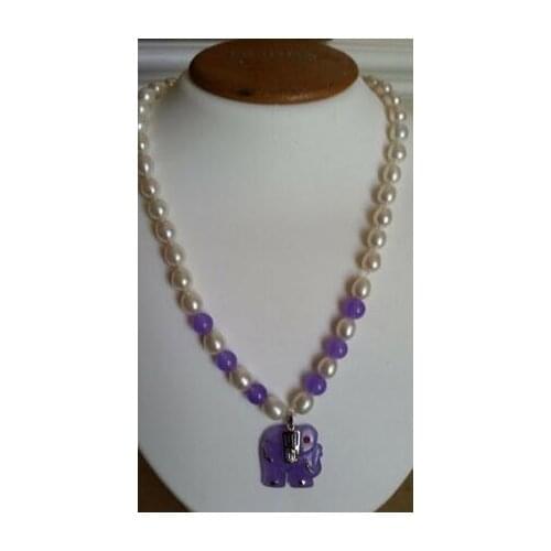 Silver Freshwater Pearls & Purple Jade Elephant Necklace 17"