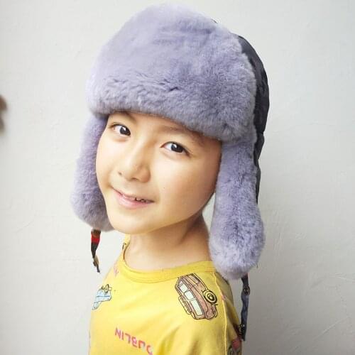 Winter Warm Kids Real Rex Rabbit Fur Hat With earflap Thick Soft Genuine Fur Cap Warm Trapper Aviator Trooper Earflap Hats