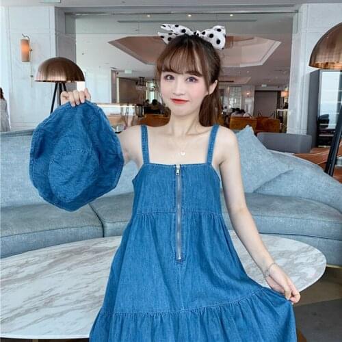 Korean-Style Vintage Cool Zip Denim Pleated Expandable-Style All-match Student Sleeveless Dungaree Dress Summer Lolita dress