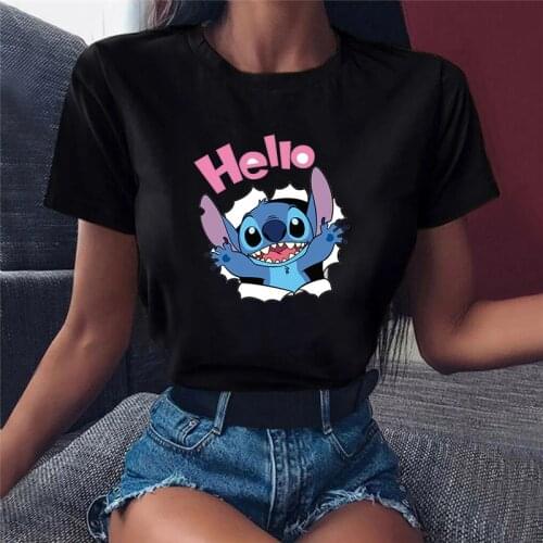 Kawaii Disney Stitch Womens T-shirt Summer Cartoon Short Sleve O-neck Tops Sweet Style Ladies Tshirts Fashion Female T Shirts