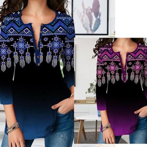 2021 Summer Lady Round Neck Digital Printing T-shirt Female Sweet Long Sleeve Clothes Lady Loose Casual Tops