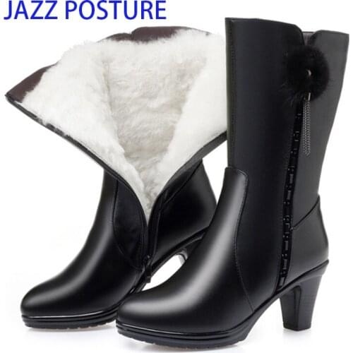 Woman boots high-heeled 2020 Genuine Leather Rhinestones Mid-Calf boots wool warm winter boots women fashion shoes w315