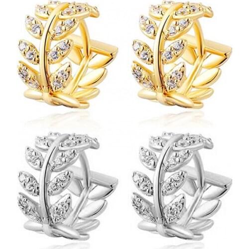 Women Rhinestone Willow Leaf Temperament Ear Clip Piercing Earrings Jewelry