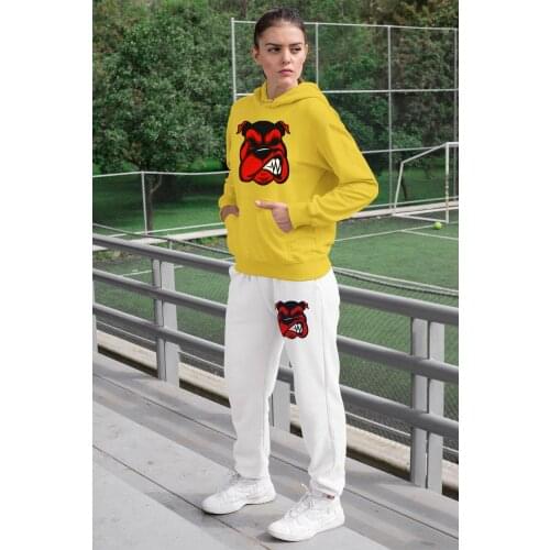 Angemiel Wear Red Dog Women Tracksuit Set Yellow Hooded Sweatshirt White Sweatpants