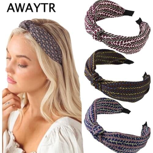 AWAYTR Women Retro Wide Hairband Printing Knotted Head Band Girls Fabric Headband Solid Head Hoop Women Hair Accessories