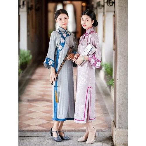 Chinese Dress Woman Blue Pink Printing Qipao Ancient Satin Cheongsam New 2021Cheongsam Dress Traditional Retro Qipao Dress