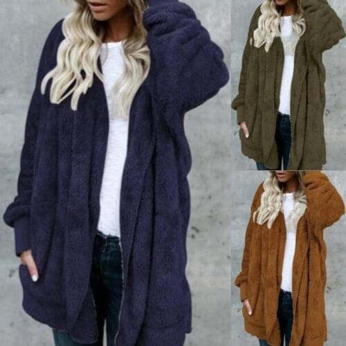 Women Long Sleeve Fur Coat Solid Color Plush Faux Fur Coat Warm Hooded Cardigan Outwear Fall Winter Overcoat