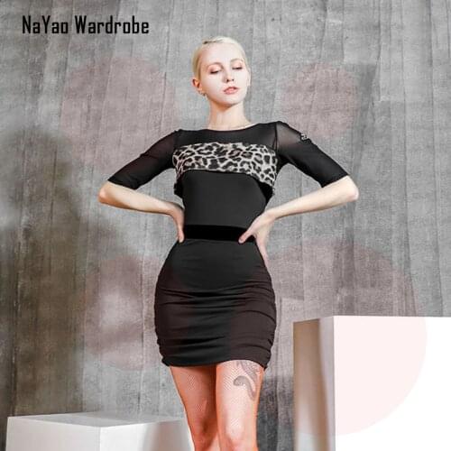 2020 New DL649 Latin Dance Dress Women Half Sleeve Leopard Patchwork Dancing Performance Dress for Ballroom Samba Tango