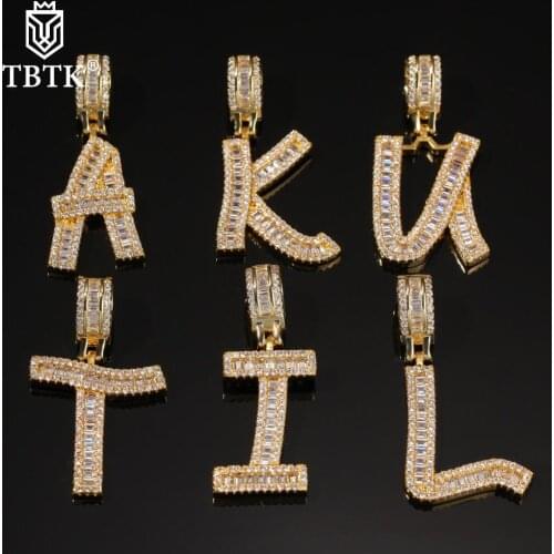 TBTK Fashion Jewelry Square Cubic Zircon Gold A-Z Letter Iced Out Baguette Pendant Chain Necklace Hiphop Jewelry Unisex