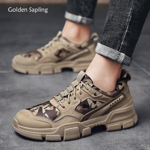 Golden Sapling Camouflage Mens Casual Shoes Genuine Leather Retro Leisure Flats tactical footwear Platform Fashion Shoe for Men