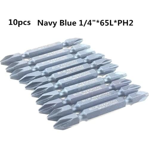 10pcs 1/4" Navy-Blue Double-Bit Set Magnetic Electric Screwdriver Bits PH2 Length 65mm Power Tools
