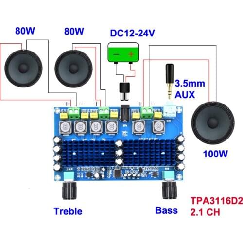 2*80W+100W TPA3116D2 Power Subwoofer Amplifier Board 2.1 Channel TPA3116 Audio Stereo Equalizer AUX Class D Amp