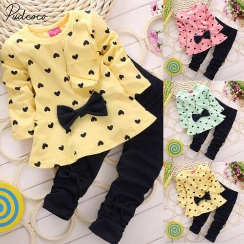 2019 Baby Spring Autumn Clothing Infant Kids Baby Girls Heart-shaped Bow Sweater Tops+ Pants 2PCS Outfits cotton Clothes 2-5T