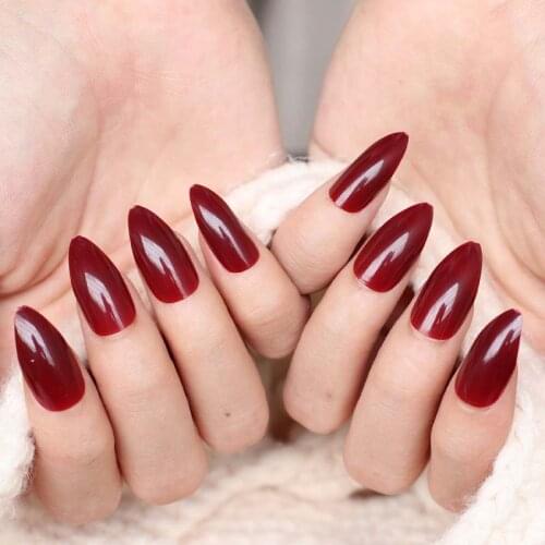 24pcs New Fashion Long pointed candy false nails tail tip Nail tablets deep Red wine C15
