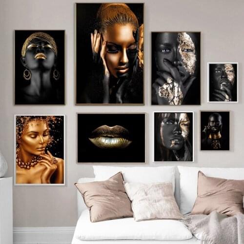 African Art Black and Gold Woman with Necklace on Canvas Painting and Posters Scandinavian Wall Picture Living Room Unstretched