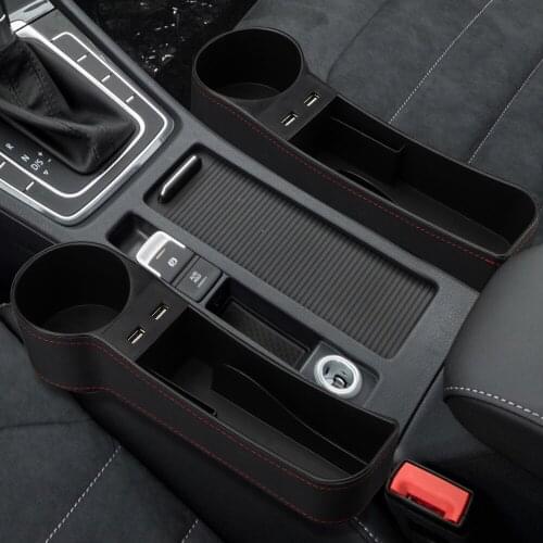 LEEPEE Seat Gap Slit Box Car Organizer Phone Bottle Cups Holder Box Leather Car Seat Gap Storage Box Dual USB Charger