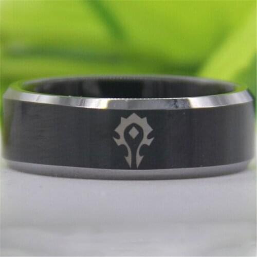 Free Shipping Top Quality The World of Warcraft Horde Design 8MM Black Top Silver Bevel New MensTungsten Wedding Band Ring