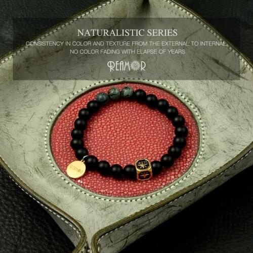 REAMOR Fashion 8mm Onyx Natural Stone Bracelet Stainless Steel Shining Golden Lucky Star Beaded Bracelets For Men Women Jewelry