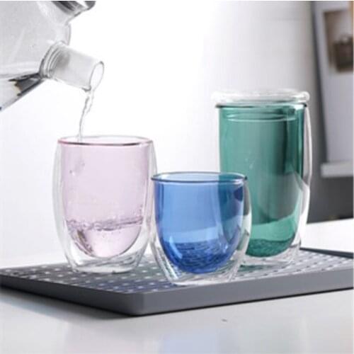 Color Double Cup Coffee mug Round Glass Cup Heat Resistant Flower Tea Cup Ransparent Heat Insulation Milk mugs