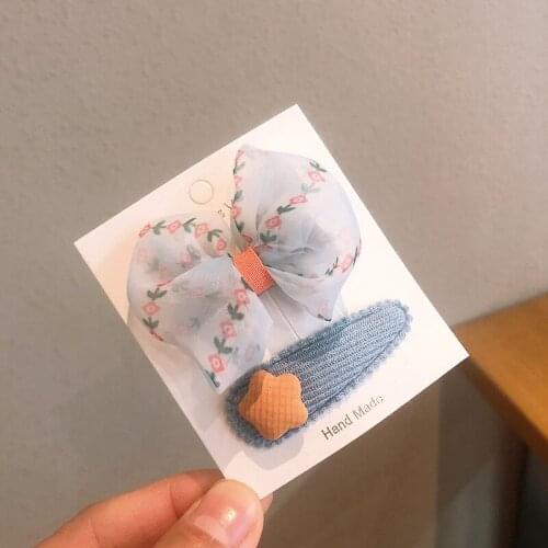 Children Blue Organza Flower Print BB Hair Clip Girl Cute Hair Accessories Kid Headwear Good Looking Toddler Hairpins Headdress