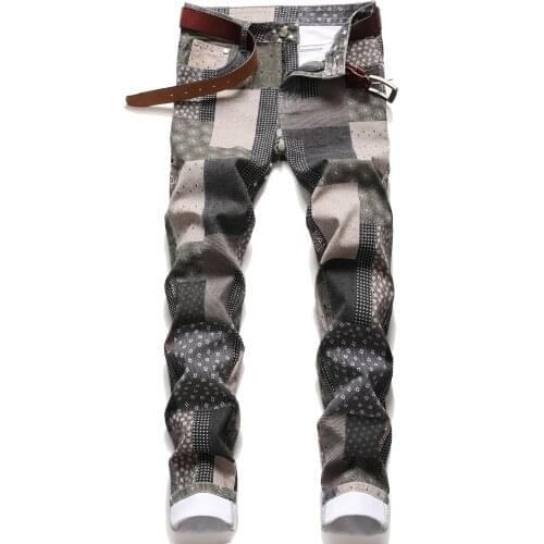 Fashion Mens Jeans Print Stitching Patch Elastic Slim Skinny Straight Jeans Trousers Casual Male Denim Pants Vaqueros Hombre