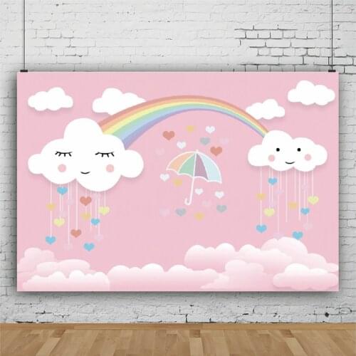 White Clouds Pink Printing Happy Birthday Backdrop Holiday Party Room Decor Photo Booth Studio Prop