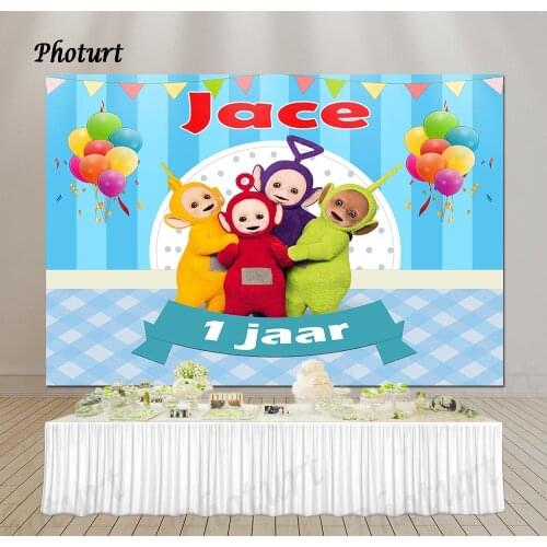 PHOTURT Teletubbies Backdrop Kids Birthday Party Background Blue Stripes Polyester Vinyl Photography Banner Decoration Props