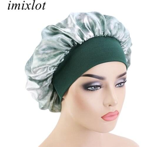 Imixlot New Fashion Tie-dyed Elastic Inner Hat Women Girls Large Satin Lined Bonnet Sleep Night Cap Head Cover Turban Hats