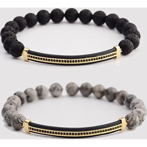 Classic Long Copper Bracelet Men Fashion Matte Lava Stone Elastic Bead Bracelet For Men Jewelry Gift