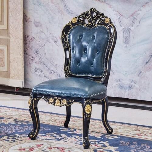 European-style Leather Dining Chair Solid Wood Dream Charm Blue Dining Double-sided Villa Hotel Leisure Backrest Master Chair