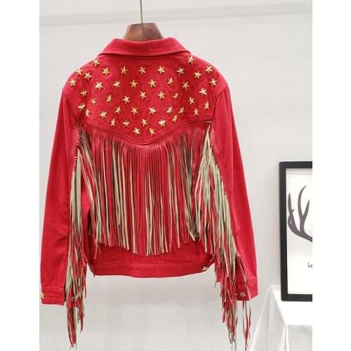 Womens autumn winter casual loose star rivet tassel denim jacket female high waist punk plus size jean jacket TB812