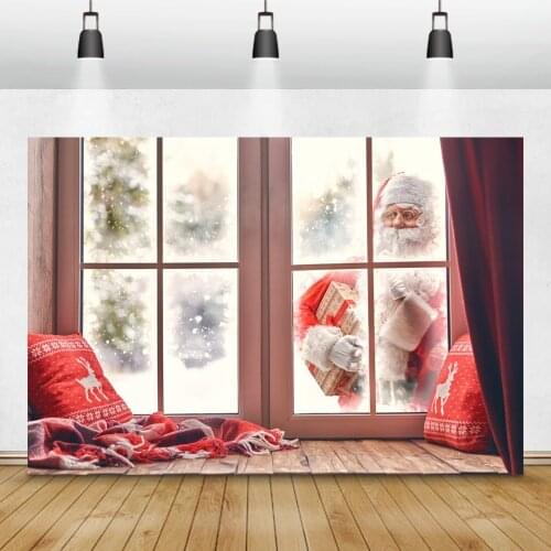 Laeacco Merry Christmas Festivals Santa Claus Winter Snow Window Pillow Wreath Party Baby Photo Background Photography Backdrops