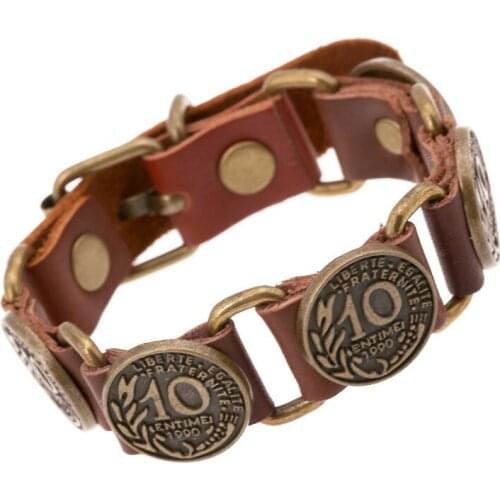 Fashion Vintage Charm Genuine Leather Bracelet Cuff Alloy Liberte Egalite Fraternite Entimei Wristbands Wrap Bangle Punk Jewelry