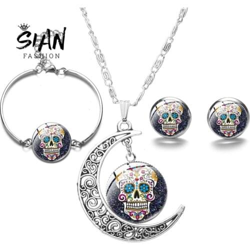 SIAN Vintage Mexican Sugar Skull Skeleton Necklace Set Skeleton Skull Folk Art Pattern Stud Earrings Bracelet Necklaces Jewelry