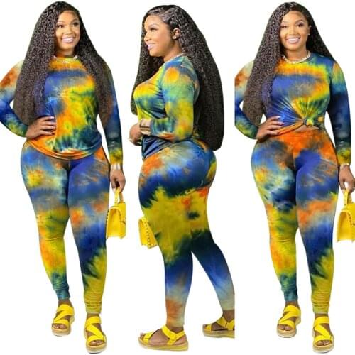 Slim-Fit Printed round Neck Two-Piece Trousers Long-Sleeved Nightclub Uniforms women clothes plus size multi colors