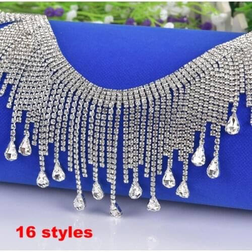 45cm/90cm Handmade Sewing Tassel Fringe Trimming Bridal Crystal Clear Rhinestone Patch Appliques for Wedding Dress Belt DIY