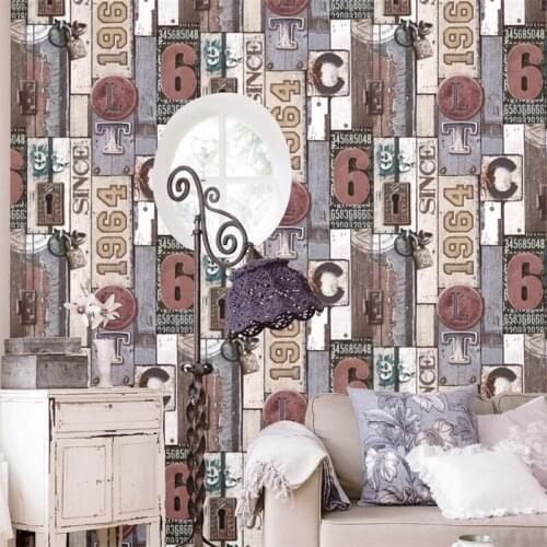 Beibehang Industrial wind English alphanumeric wood grain pattern vintage wallpaper Cafe bar KTV hair salon Internet wallpaper
