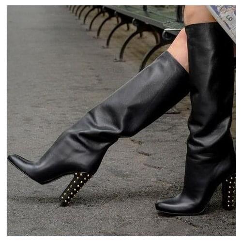 2019 Spring Autumn newest women boots high thick heels knee-high square toe rivet decoration women leather dress boots black