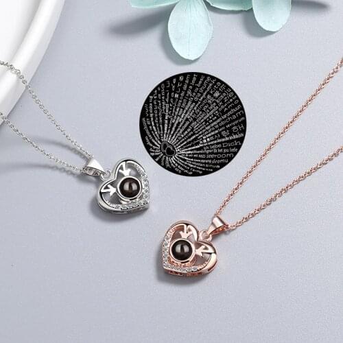 Fanqieliu Projection One Hundred Languages I Love You Necklace For Women Heart Rhinestone Jewelry Pendant Necklaces FQL20032