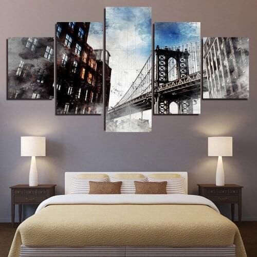 5 Panel Large HD Printed Painting City Building Canvas Print Art Home Decor Wall Art Picture for Living Room