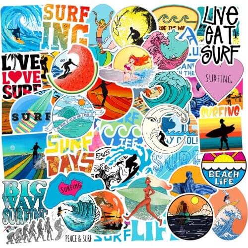 50 pieces Beach Surfing Stickers For Luggage Skateboard Guitar Motocycle Doodle Decor Helmet Surfboard Outdoor Toy Stickers